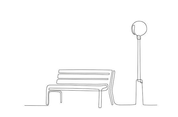 公園のベンチとランタンの1本の線画連続線リラックスするための木製の屋外家具線画スタイルミニマリズムスタイルの描画単線図手描き落書きベクトル