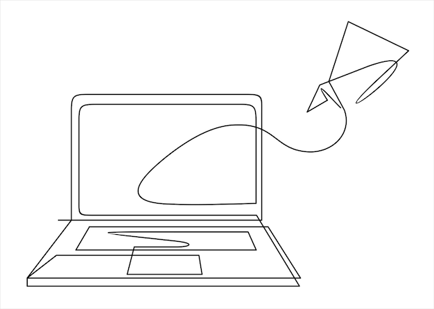 紙の飛行機を搭載したラップトップコンピュータの1行図スタートアップのビジネスコンセプトとして