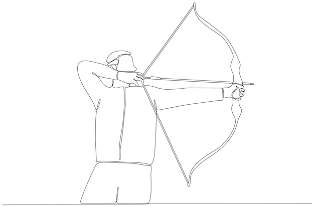 Вектор Рисунок одной линии или непрерывная линия искусства спортсмена-мужчины по стрельбе из лука премиум-векторная иллюстрация