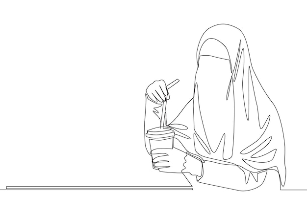 Однострочный рисунок красивой азиатской мусульманки в парандже, сидящей и пьющей чашку кофе