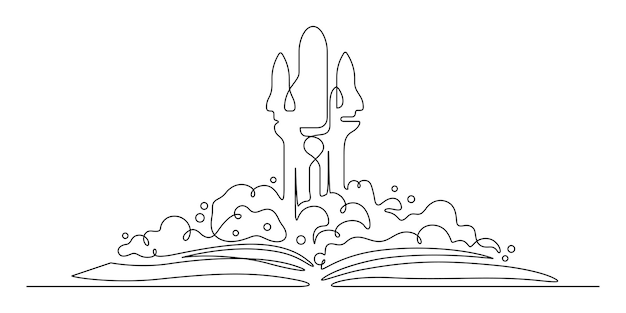 Un disegno a tratteggio dell'astronave a razzo e la laurea del libro per la creatività e l'immaginazione del sogno concettuale