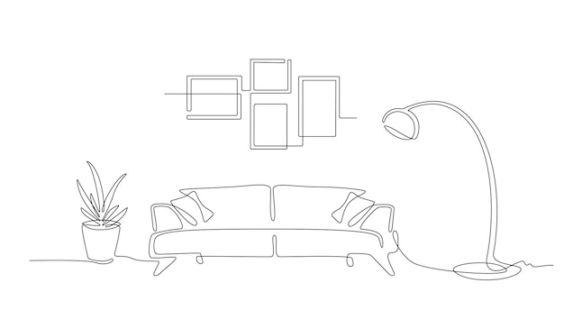 One line drawing of sofa floor lamp photo frame Continuous Single line of interior Modern furniture