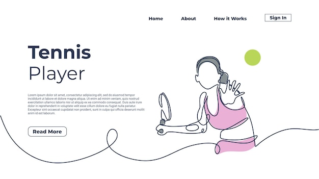 One line drawing woman playing tennis vector illustration girl with racket continuous single hand drawn graphic Landing page template web elements with colors