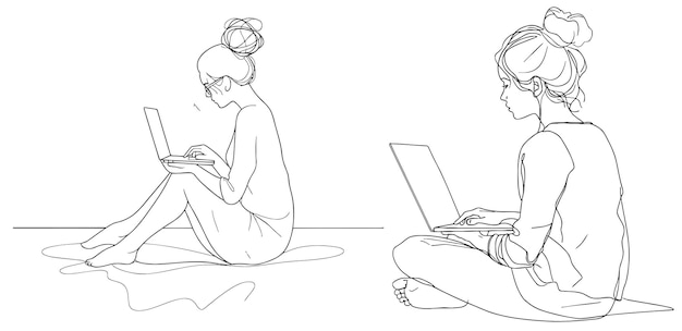 one line drawing of a woman sitting with laptop computer