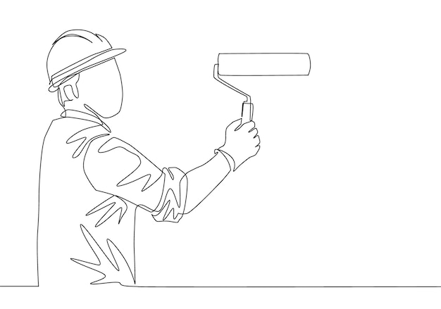 One line drawing of workman painting construction building wall with paint roller Wall renovation