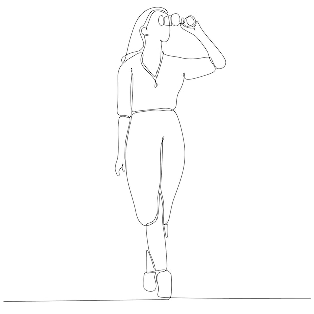 One line drawing of young business woman looking through binoculars looking for work.