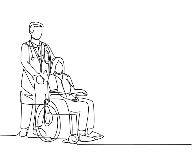 One line drawing young doctor visiting and handshaking the old patient with wheelchair in hospital