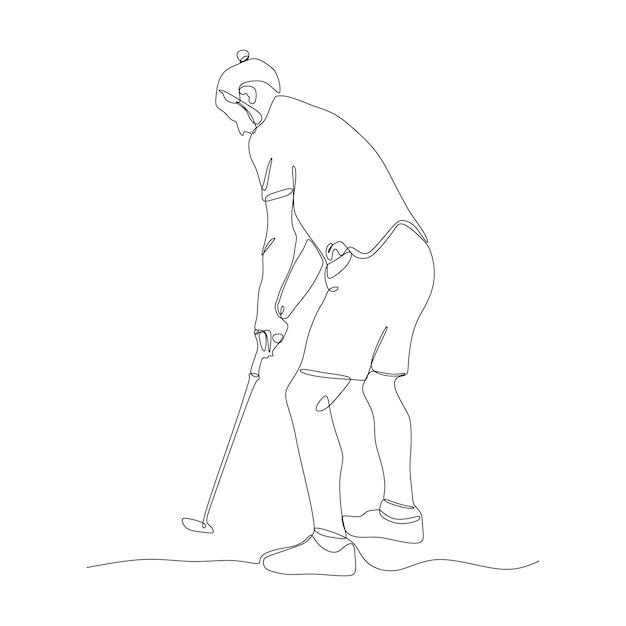 Рисунок одной линии молодого игрока в гольф, размахивающего клюшкой для гольфа и ударяющего по мячу. Расслабьтесь спортивной концепции. Тоу