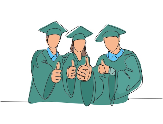 One line drawing of young graduate college students wearing graduation dress and giving thumbs