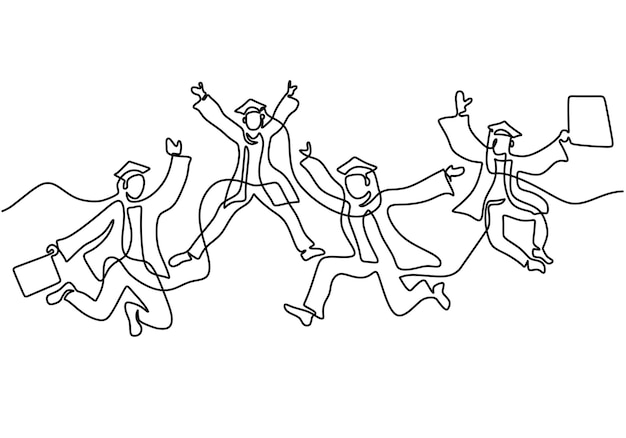 若い幸せな卒業生の男性と女性の大学生ジャンプ手描き連続線画ミニマリズムスタイルの白い背景の1つの線画お祝いのコンセプトベクトルスケッチイラスト