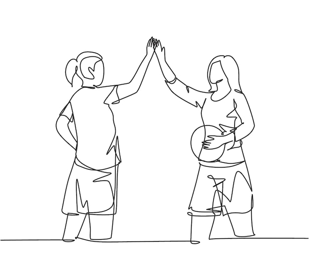 One line drawing of young happy women giving high five gesture playing basketball at outfield court