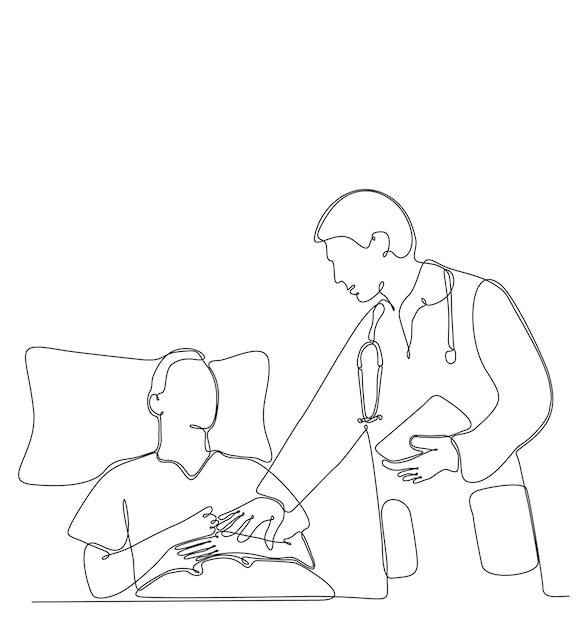 One line drawing of young male doctor checking patient's health condition