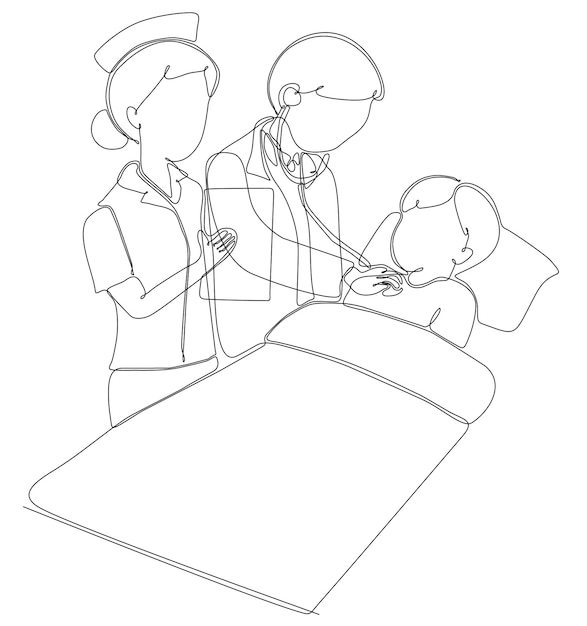 One line drawing of young male doctor checking patient's health condition