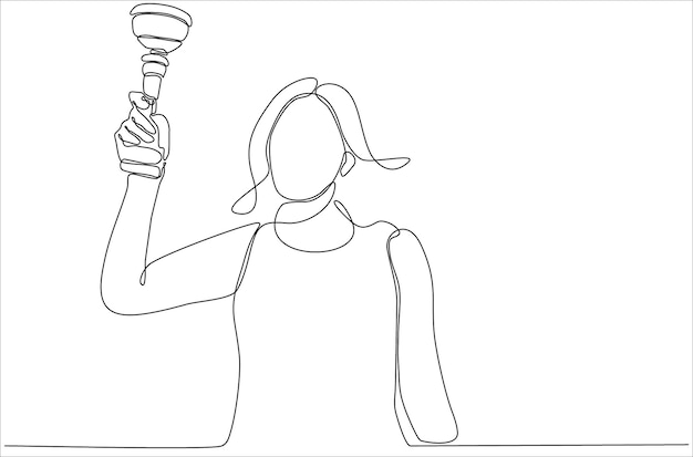 One line drawing of young woman holding gold cup with one hand premium vector