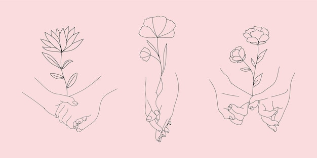 Vector one line drawn holding hands with flowers.
