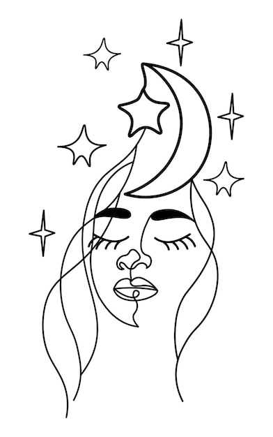 One line face with moon and stars moon girl