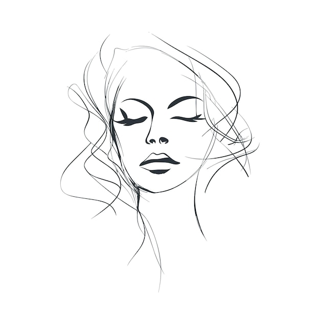 One line female face mysterious elegant portrait sketch style Line art illustration