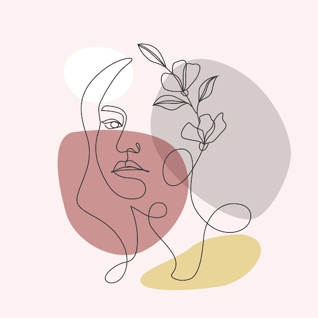 한 줄 꽃과 여자 얼굴 라인 아트 디자인