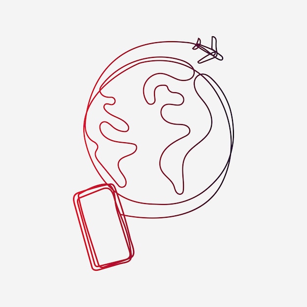 Vector one line linear illustration vector drawing smart phone technology travel booking tech globe