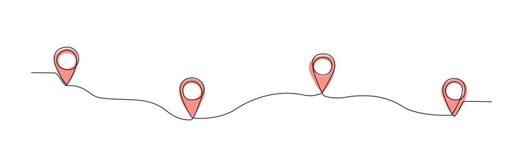 Vector one line map point location symbols on route gps navigation line track mark location pointer continuous line hand drawing pins on way between points map pin line on white background vector