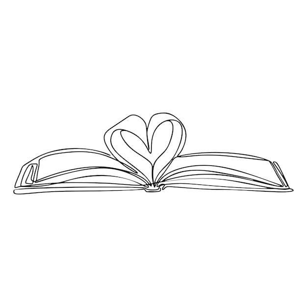 Vector one line open book heart from pages drawing continuous modern illustration