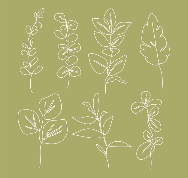 One line plant set, Botanical flowers set, Printable leaves collection