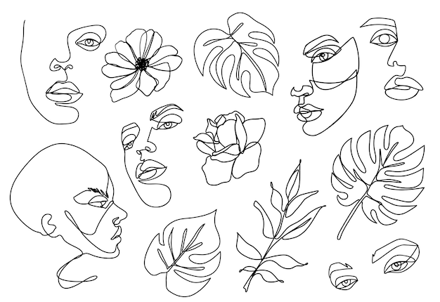 Vector one line  set. continuous line drawing. abstract woman portraits, flowers, monstera leaves isolated on white. surreal female face linear contour illustration. minimal outline silhouette.