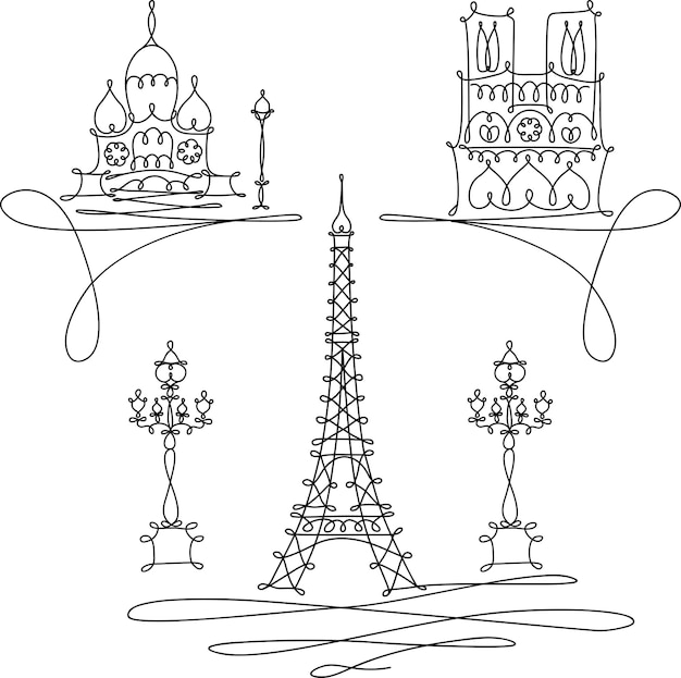 One Line Sketch Of Parisian Landmarks