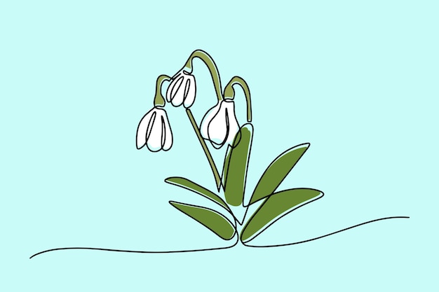 青色の背景に分離された 1 つの行スノー ドロップ ベクトル イラスト連続 1 行の白いスノー ドロップ 春の花とスノー ドロップの春カード