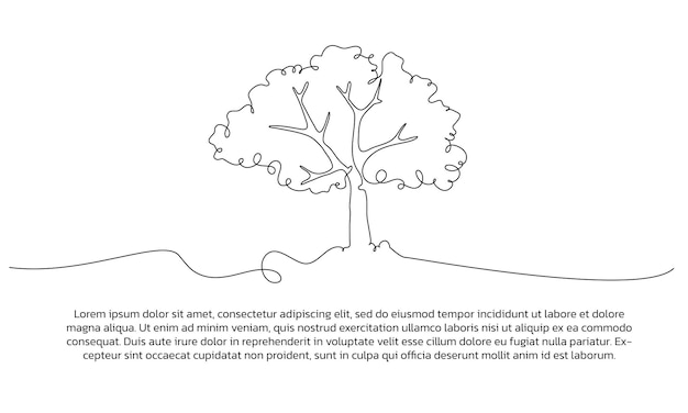 Vector one line tree poster drawing with frame abstract minimal continuous line wall decor