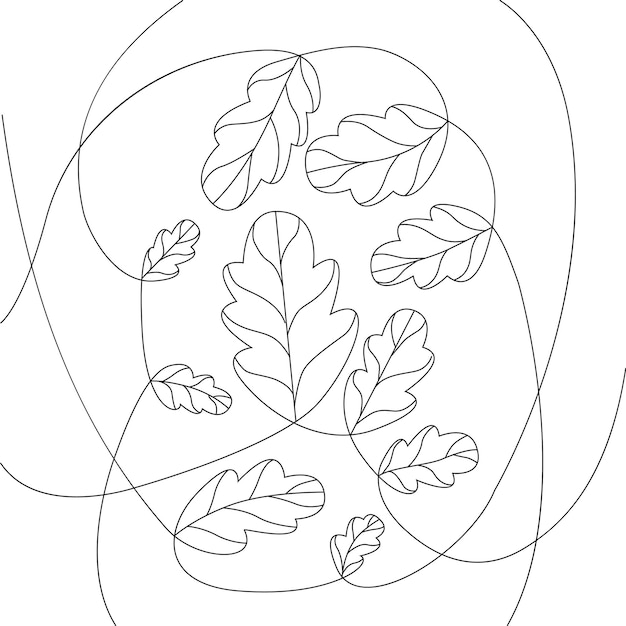 One line vector oak leaves outline for coloring