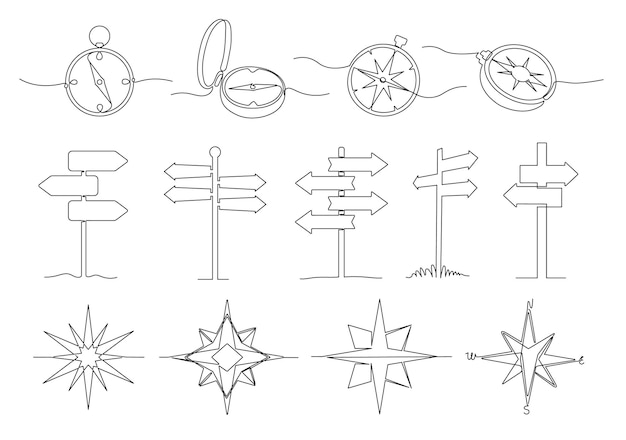 벡터 한 줄 방법 방향 여행 탐색 기호 여행자 나침반 및 대상 간판 벡터 일러스트 레이 션 세트