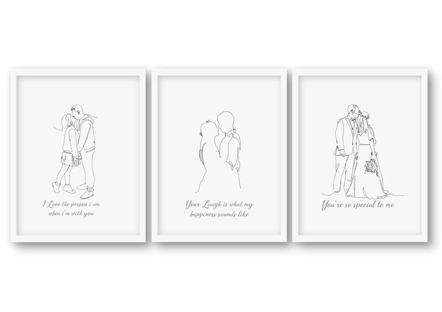 One line  wedding couple set, poster stock illustration