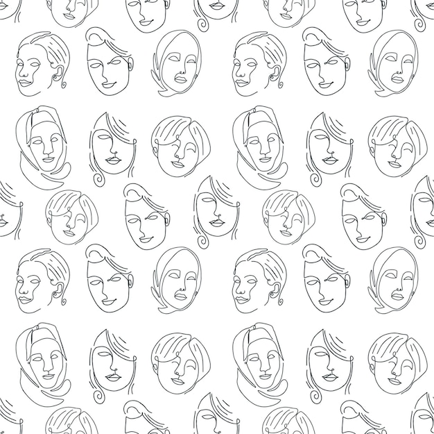 One line women face seamless pattern