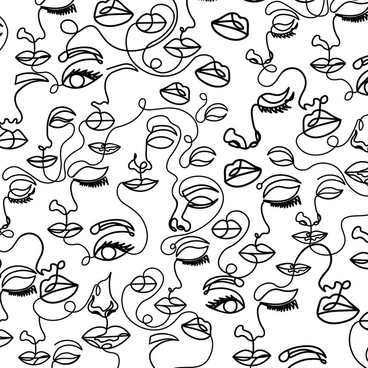 Vector one line women faces abstract seamless pattern
