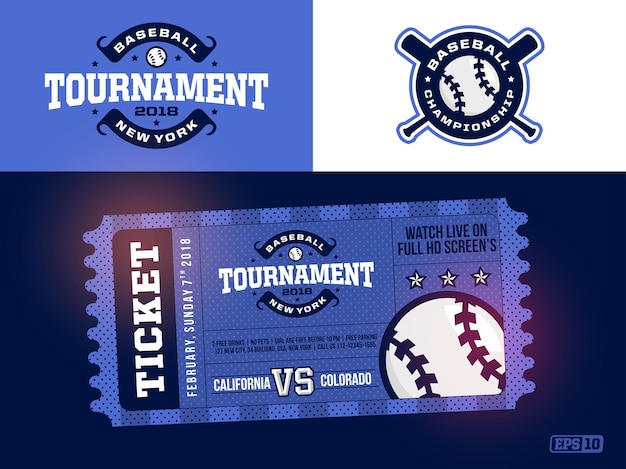 Вектор Один современный профессиональный дизайн бейсбольных билетов и логотипа в синей теме