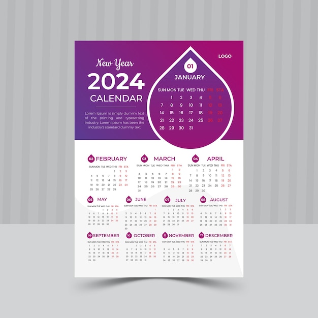 ベクトル オフィスデスクまたは壁のベクトルのための1ページの2024年のカレンダーデザイン新年のカレンダーレイアウト