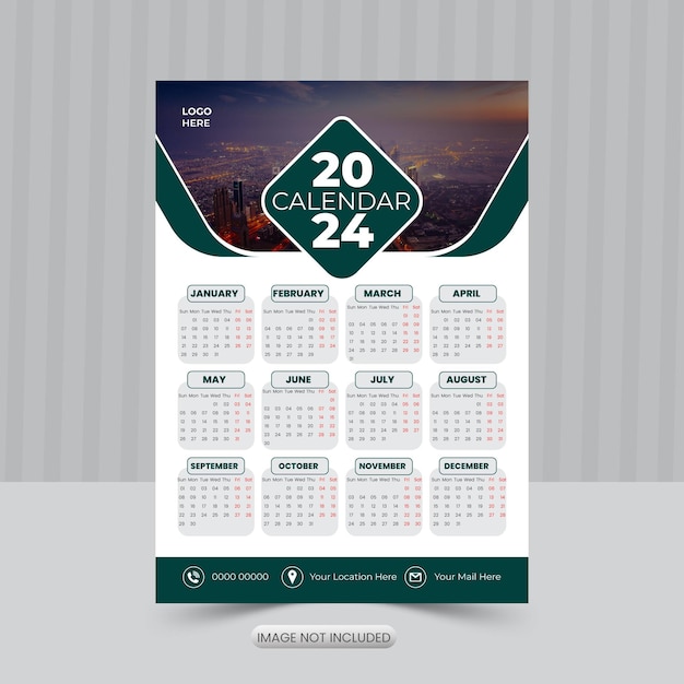 ベクトル オフィスデスクまたは壁のベクトルのための1ページの2024年のカレンダーデザイン新年のカレンダーレイアウト