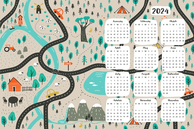 One page 2024 kid's calendar with cartoon map Week starts on Sunday Vector illustration