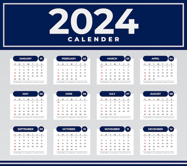 One Page Calendar 2024 Vector illustration Template