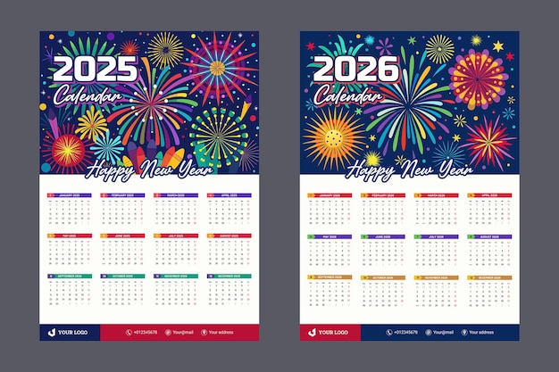 다채로운 불꽃놀이 배경으로 2025 년과 2026 년의 한 페이지 벽 캘린더 디자인