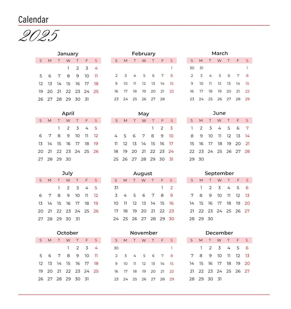 Vector one pager 2025 calendar