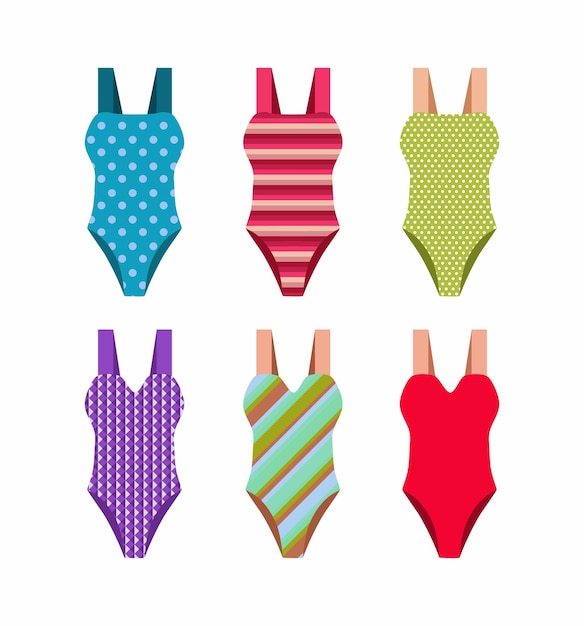 Vector one piece swimming suits collection swimsuits set summer vacation ladies clothes bikini sketch