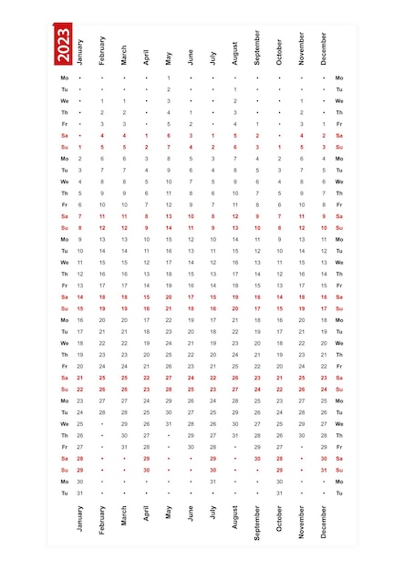 한 행 세로 달력 2023 월요일 요일