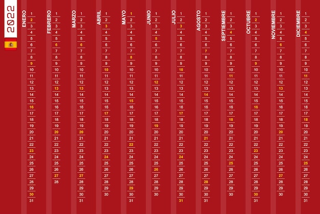 Вертикальный однорядный календарь на 2022 год на испанском языке. испанский календарь на 2022 год с выделенными воскресеньями.