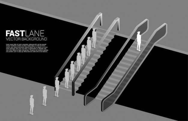 One Silhouette of businessman move faster than the group with escalator.