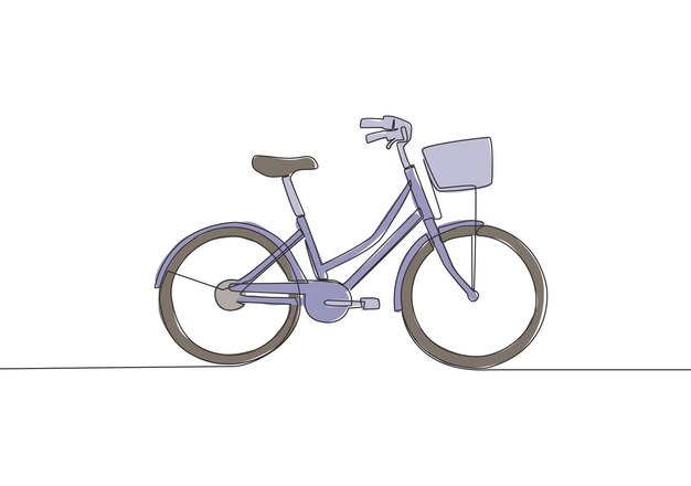 ベクトル 女の子のクラシックなロードスター自転車のロゴの1つの単一のラインの描画 前面のバスケットの自転車コンセプト