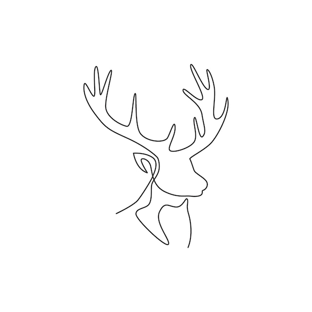 One single line drawing of adorable head cute reindeer mammal deer for public zoo logo identity