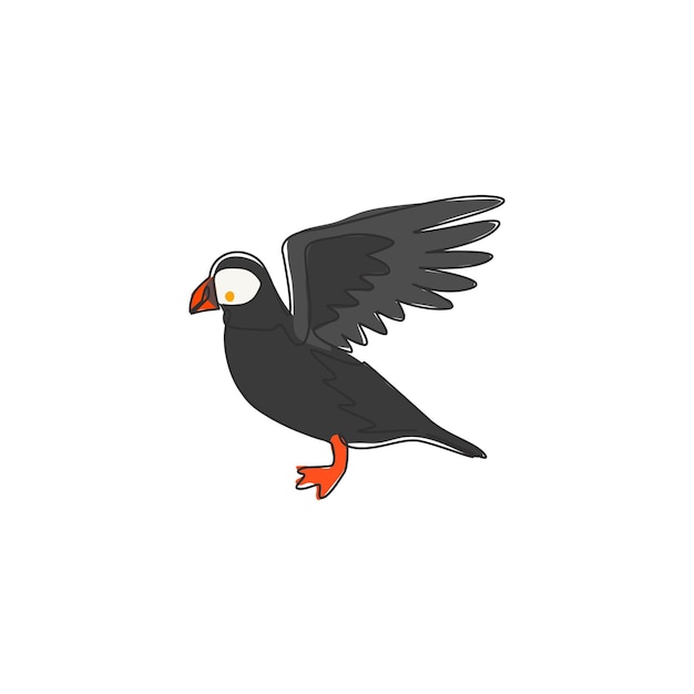 One single line drawing of adorable puffin for logo Water diver bird mascot for national zoo icon