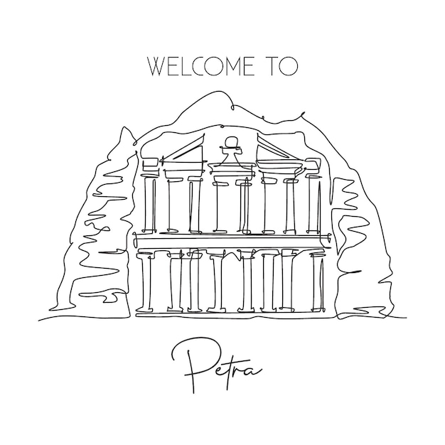 one single line drawing al khazneh petra old temple landmark. famous place in jordan design vector